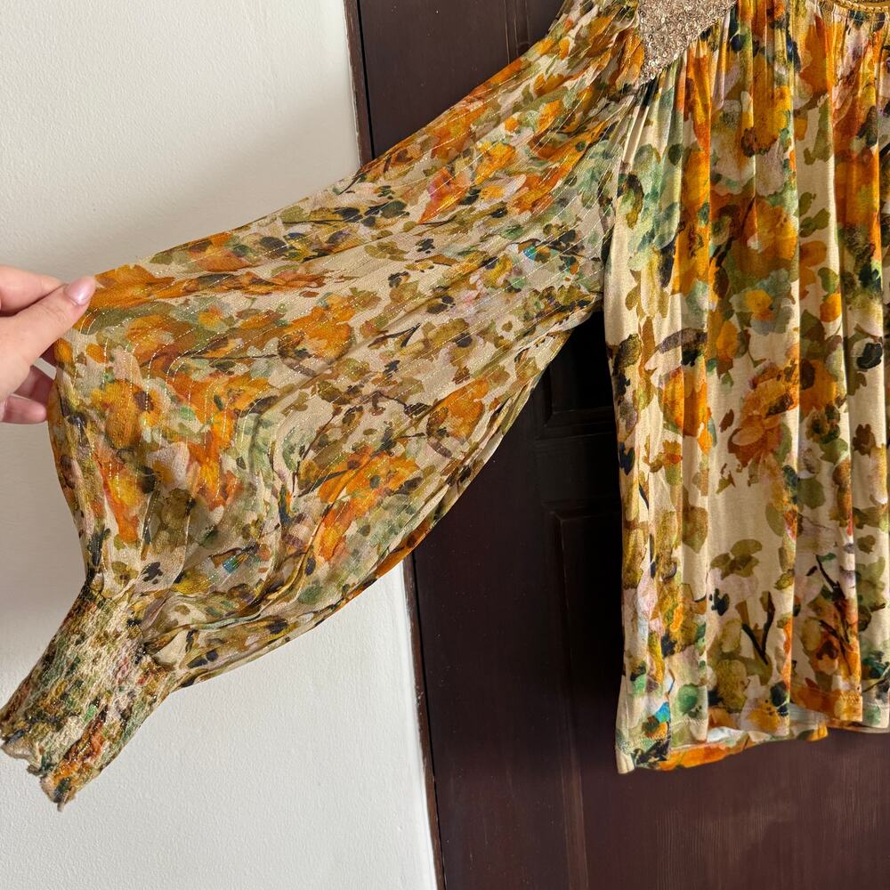 BL-NK LONDON  x Anthropologie Sequin-Embellished Small Yellow Gold Blouse Floral - Picture 5 of 9